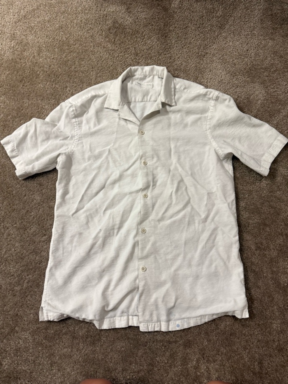 Zara Men's White Short-Sleeve Linen Blend Button-Down Shirt Small with Stain